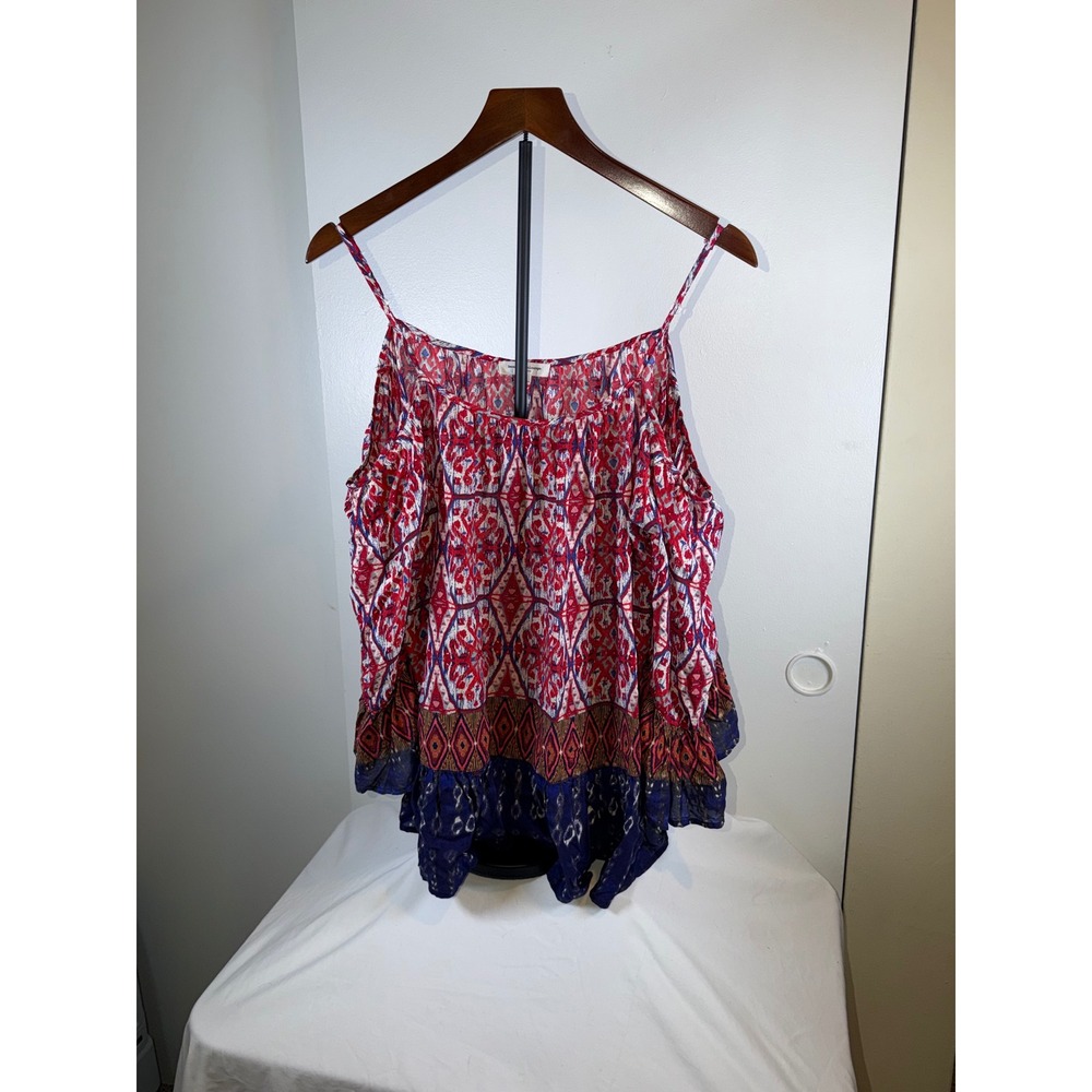 Beachlunchlounge Cold Shoulder Top‎ Womens L Red Blue Boho Bell Sleeve Medallion